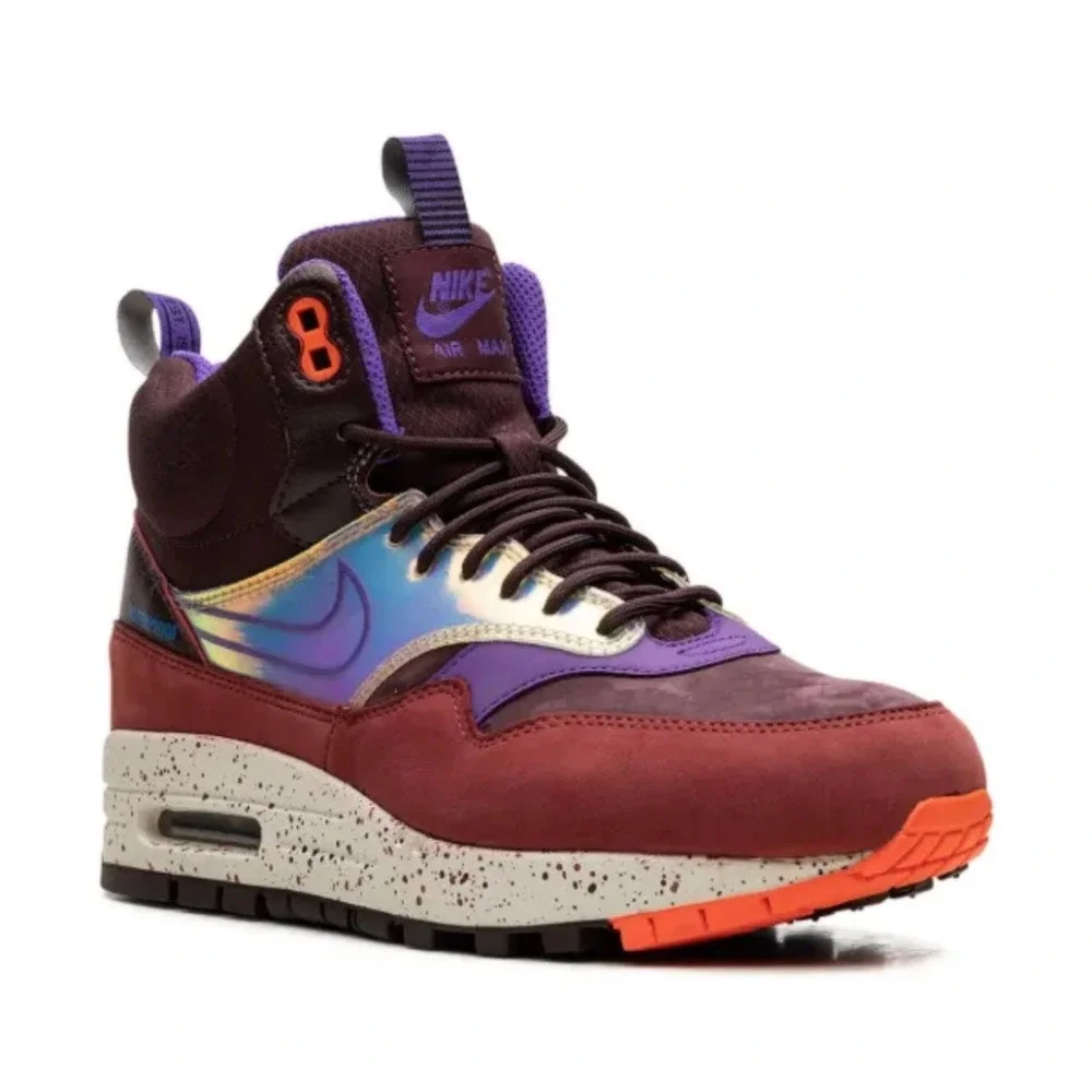 Nike sz 8.5 Women Air Max 1 Mid Sneaker Boot Deep Burgundy Iridescent Streetwear - Picture 2 of 12